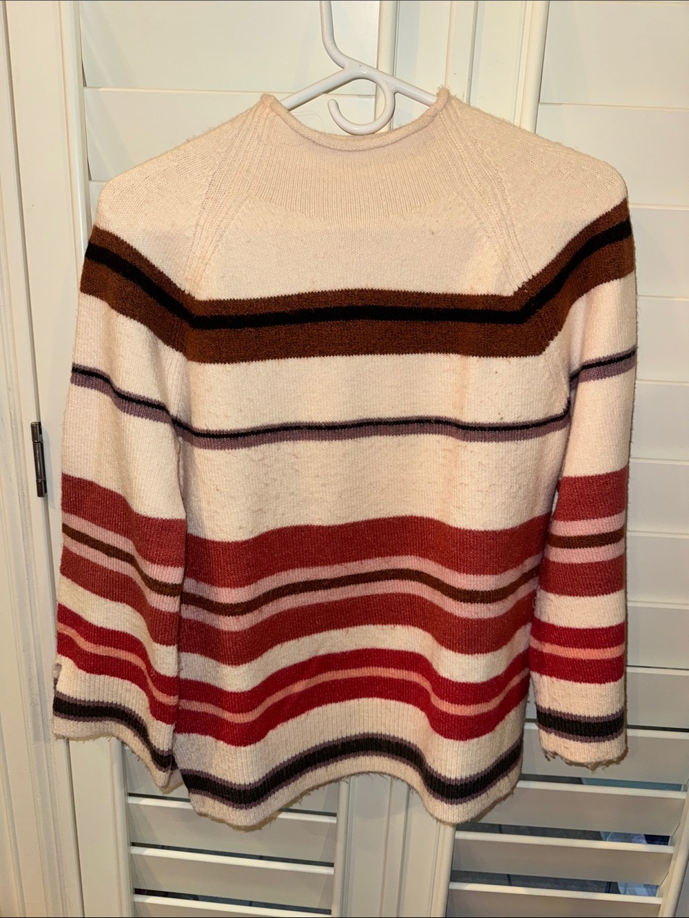 LOFT Cream Crewneck Sweater with Red and Brown Stripes